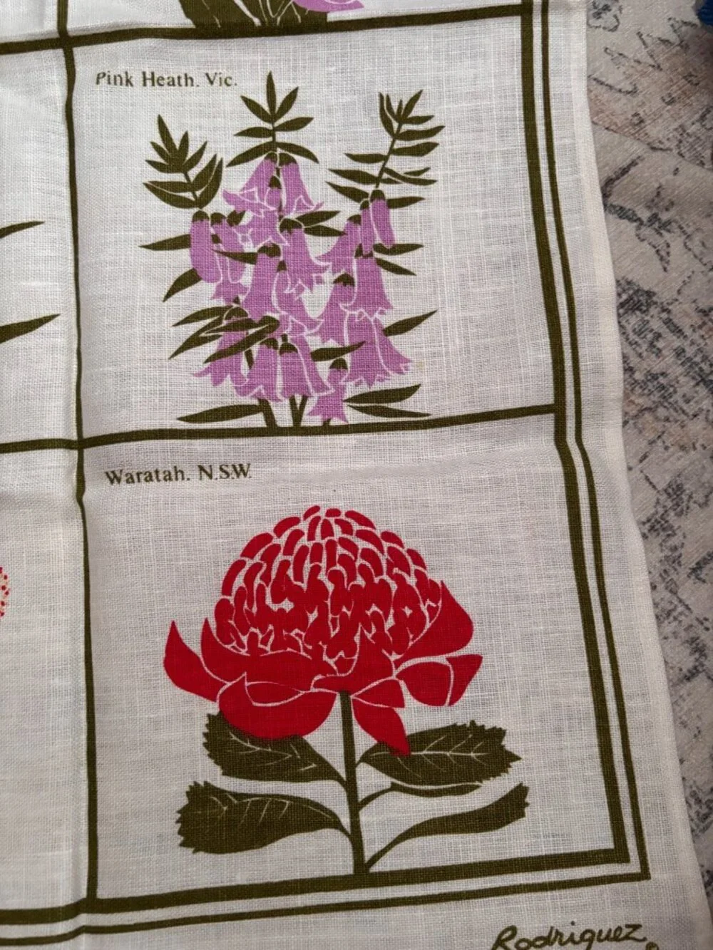Australian Flowers Linen Tea Towel By Rodriguez - Pure Linen With Floral Print D